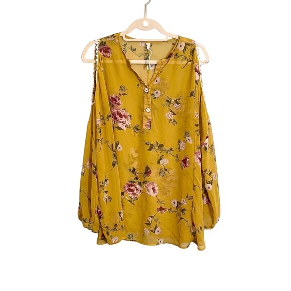 Pink Blush Yellow Floral Sheer Open Shoulder Blouse Size XL - Picture 1 of 16